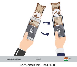 Online money transfer with two hands holding smart phones. 10 Indian Rupee banknote with gold coins. Flat style vector illustration.