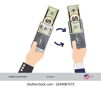 Online money transfer with two hands holding smart phones. 20 US Dollar banknote with gold coins. Flat style vector illustration.