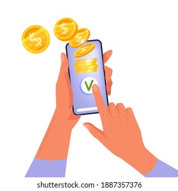 Online money transfer vector concept with hands holding smartphone, flying coins, e-wallet, finance app. Secure fast digital internet payment flat illustration. Money transfer business design isolated