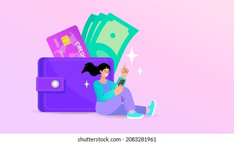 Online money transfer from wallet to smartphone. Capital flow, earning or making money. Financial savings. economy concept. vector design.