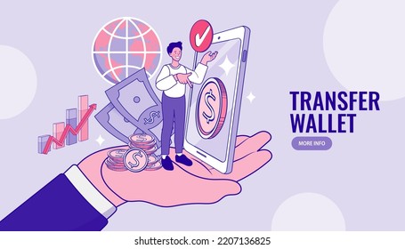 Online money transfer from wallet to smartphone. Capital flow, earning or making money. Financial savings. economy concept. Profit or revenue analysis as part of accounting. vector design.