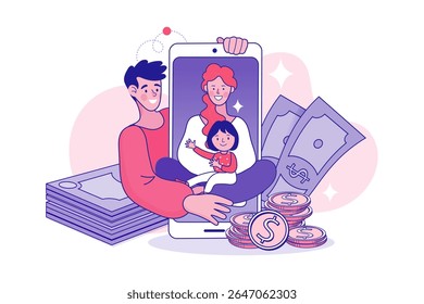Online money transfer from wallet to smartphone. Capital flow, earning or making money. Financial savings. economy concept. Profit or revenue analysis as part of accounting. vector design.