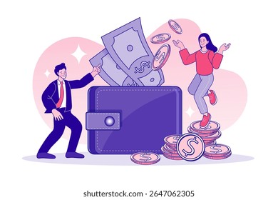 Online money transfer from wallet to smartphone. Capital flow, earning or making money. Financial savings. economy concept. Profit or revenue analysis as part of accounting. vector design.