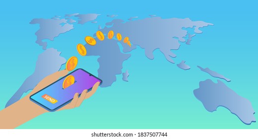 Online Money Transfers.A Person Uses A Smartphone To Send Money Around The World. Hand And Smartphone On The Background Of A Large Map Of The World.Vector Illustration.