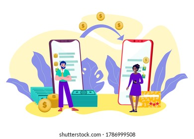 Online money trasfer, mobile transaction, internet payment, cash dollars and coins online banking vector illustration. Money transfer from smartphone app from man to woman tiny people.