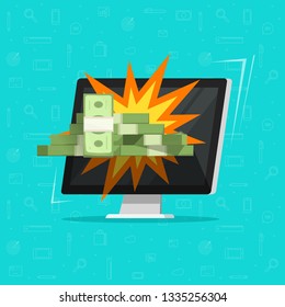 Online money win on computer vector illustration, flat cartoon desktop pc and cash gift, concept of on-line jackpot prize or internet reward, surprise received, electronic gamble game winner or income