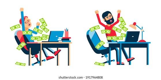 Online money winning man. Money flow from laptop. Internet winner. Vector isolated illustration.