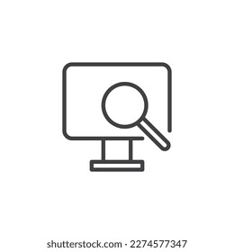 Online monitoring line icon. linear style sign for mobile concept and web design. Computer monitor and magnifier outline vector icon. Symbol, logo illustration. Vector graphics