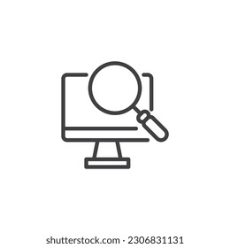 Online monitoring line icon. linear style sign for mobile concept and web design. Computer monitor and magnifying glass outline vector icon. Symbol, logo illustration. Vector graphics