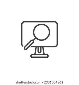 Online monitoring line icon. linear style sign for mobile concept and web design. Computer monitor and magnifier outline vector icon. Symbol, logo illustration. Vector graphics