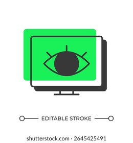 Online monitoring offset shadow line icon. Computer screen with open eye. Cyber security improvement software. Bold outline symbol with solid green fill. Modern flat illustration. Editable stroke