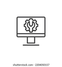 Online monitoring service line icon. linear style sign for mobile concept and web design. Computer monitor with gear and wrench outline vector icon. Symbol, logo illustration. Vector graphics