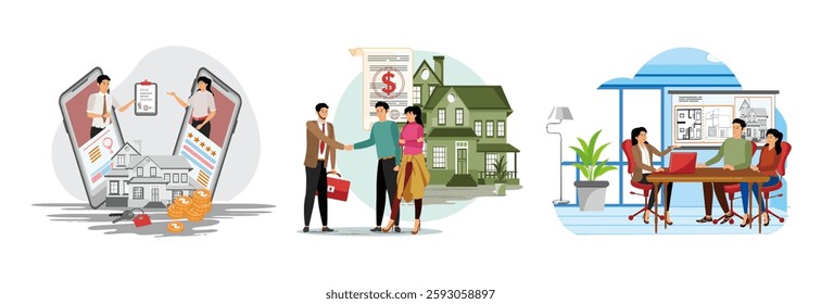 Online mortgage, online purchase of new home. A real estate transaction with an agent and a couple in front of a house.  A professional team in an office setting discussing architectural designs.