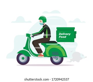 Online-Motorrad-Grab-Fahrer oder Fahrer-Illustration Vektorgrafik tragen grüne Jacket und Helm Reitwagen Scooter zur Lieferung von Nahrung.