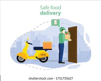 Online motorcycle save food delivery. Man riding a yellow  scooter wearing a mask delivery in front of the door. Vector illustration flat.