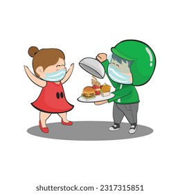 Online motorcycle taxi chibi characters deliver food