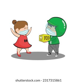 Online motorcycle taxi chibi characters deliver food boxes