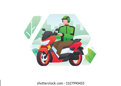 Online Motorcycle Taxi Driver Wear Green Jackets And Helmets Riding Big Automatic Motorcycle Scooter Bike With City Building Silhouette And Tree Background. Illustration Vector.