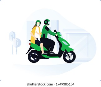 Online Motorcycle taxi driver wearing green jacket and helmet with her costumer riding together with safety ride toolkits and masker with city building silhouette background.