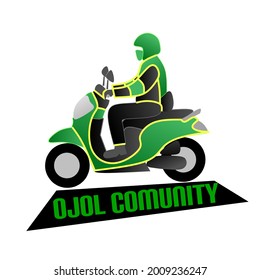 Online Motorcycle taxi driver wearing green jacket and helmet with safety ride toolkits and mask with city building silhouette background.