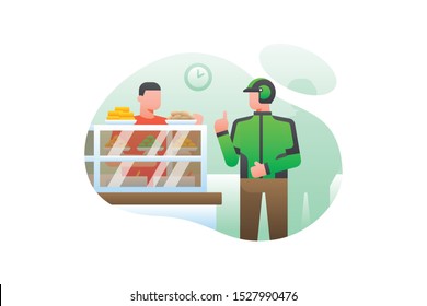 Online Motorcycle Taxi Riders Illustration Vector Wearing Green Jacket And Helmet Ordering And Buying Food. At The Restaurant To Deliver It To Customer.