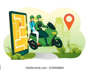 Online motorcycle transportation with smartphone app. Illustration for webpage, landing page, infographic and banner