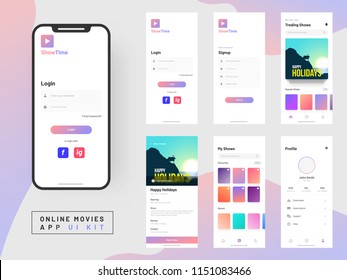 Online Movie App UI Kit for responsive mobile app or website with different GUI layout including Login, Create Account, Profile, Transaction and Notification screens. - Shutterstock ID 1151083466