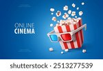 Online movie cinema concept. Popcorn in a paper cup and 3d glasses for movies films watching Banner with blue background online web tv browsing popcorn. Vector illustration.