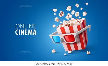 Online movie cinema concept. Popcorn in a paper cup and 3d glasses for movies films watching Banner with blue background online web tv browsing popcorn. Vector illustration.