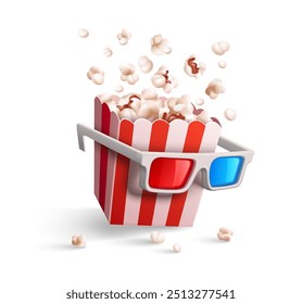 Conceito de cinema de filme online. Pipoca em uma xícara de papel e óculos 3d para filmes assistindo Banner online web tv procurando pipoca. Isolado no fundo branco. Ilustração vetorial.