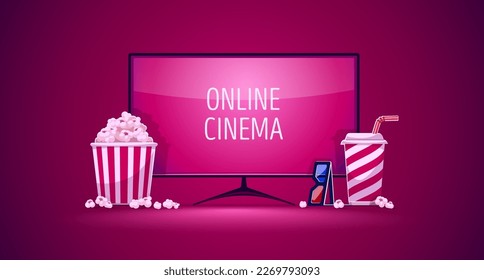 Online movie cinema. Screen of TV set with button for home video film watching. Popcorn in a paper cup and cola juice drink. Glasses. Banner display monitor. Vector illustration