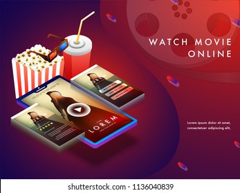 Online movie concept with isomeric set-up, movie playing on smart phone screens with 3D glasses, cold drink and popcorns. 