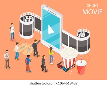 Online movie flat isometric vector concept. Composition with a smartphone and film tape going through it, surrounded by reels, popcorn, glasses and watching pople. Streaming, live cinema and TV.