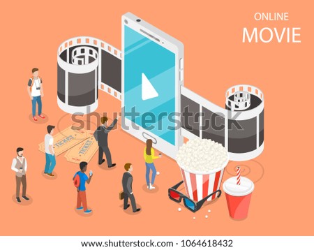 Online movie flat isometric vector concept. Composition with a smartphone and film tape going through it, surrounded by reels, popcorn, glasses and watching pople. Streaming, live cinema and TV.