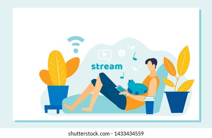 Online Movie Stream with Mobile Device. Man Watch Film on Tablet with Imaginary Video Player Service, Streaming, Character Watching Film in Internet on Tablet. Cartoon Flat Vector Illustration, Banner