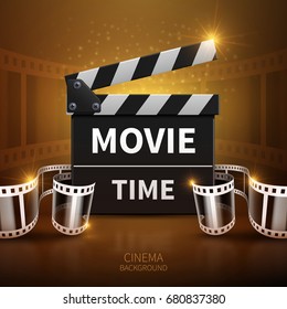 Online movie and television vector background with cinema clapper and film roll. Clapper board for film and cinematography illustration