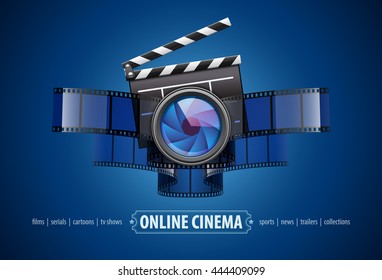 Online movie theater cinema art concept creative icon design with clapper, cinematography film tape and glass lens vector illustration