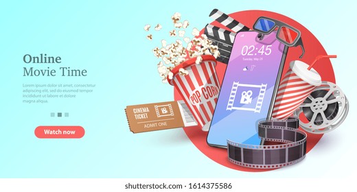 Online Movie Time, Mobile Movie Theater, Cinematography and Filmmaking, Ticket Ordering. Vector Template for Web Banner or Website Landing Page.