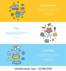 On-line Movies, post production, film and television collection, video-graph-er. Hand drawn vintage style. Flat design vector illustration.