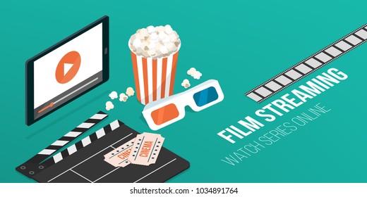 Online movies and series streaming on a smartphone, popcorn, clapperboard and 3d glasses: video and entertainment concept