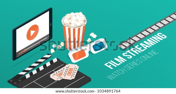 Online\
movies and series streaming on a smartphone, popcorn, clapperboard\
and 3d glasses: video and entertainment\
concept