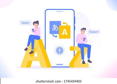 Online multi language translator app concept. Multilingual communication between people. Using translate app on smartphone for learning language. Dialogue between foreign people, vector illustration