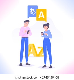 Online multi language translator app concept. Multilingual communication between people. Using translate app on smartphone for learning language. Dialogue between foreign people, vector illustration