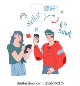 Online multi language translator app or foreign languages learning, education and communication with foreigners online concept, flat vector illustration isolated on white background.