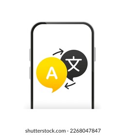 Online multi language translator app concept. Smartphone with Translation app icon on the screen. Foreign language online learning. Translator app. Vector illustration