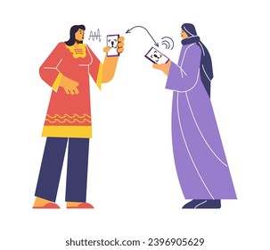 Online multi language translator app concept. Dialogue between foreign people vector illustration. Multilingual communication between people using translate app on smartphone.
