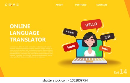 Online multi language translator. Cartoon multinational characters on the screen chat applications communicate in different languages. A set of people of different races, dialogue, speech bubbles
