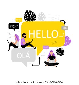 Online Multi Language Translator. Different Languages. Translation App. Vector Concept With Smartphone, Dialogue Speech Bubbles And People. Technology.