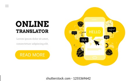 Online multi language translator. Different languages. Translation app. Vector concept with smartphone,  dialogue speech bubbles. and world map. Technology.Landing page template. 