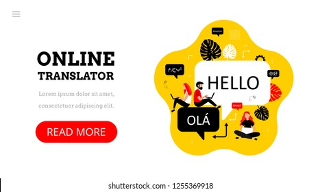 Online multi language translator. Different languages. Translation app. Vector concept with people and dialogue speech bubbles. Technology.Landing page template. 